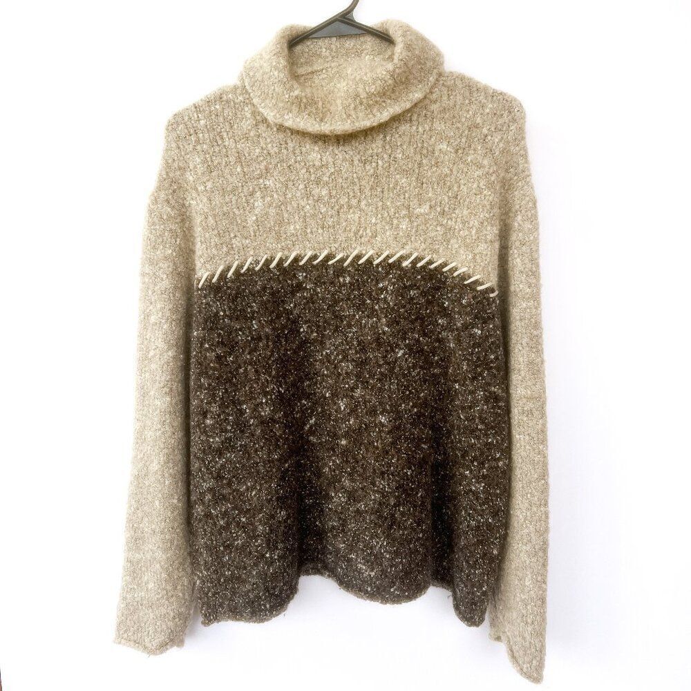 Woolrich Wool Mohair Tan Brown Turtleneck Colorblock Sweater XL